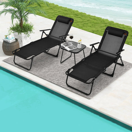 Juego de 3 tumbonas plegables para patio con mesa de PVC - Negro
