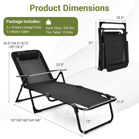 Juego de 3 tumbonas plegables para patio con mesa de PVC - Negro