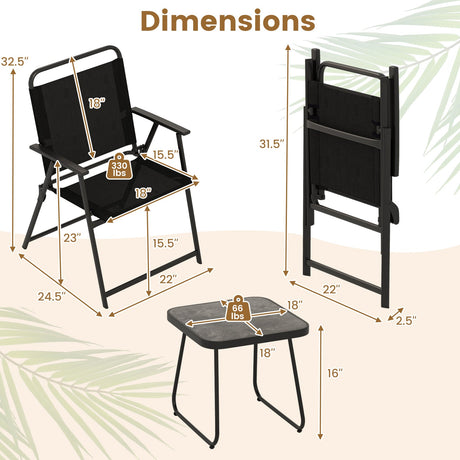 Juego de mesa y 2 sillas plegables para patio - Negro