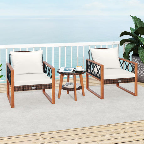Conjunto de muebles de patio de 3 piezas con mesa de cristal templado y cojines suaves - Blanco roto