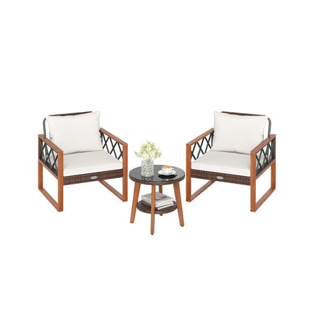 Conjunto de muebles de patio de 3 piezas con mesa de cristal templado y cojines suaves - Blanco roto