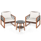 3 Pieces Patio Furniture Set with Tempered Glass Top Table and Soft Cushions-Off White