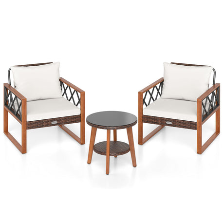 Conjunto de muebles de patio de 3 piezas con mesa de cristal templado y cojines suaves - Blanco roto