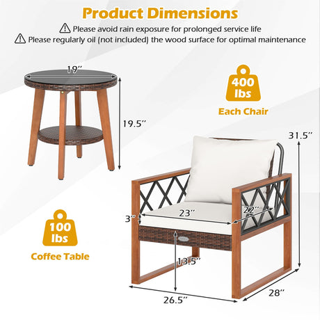 Conjunto de muebles de patio de 3 piezas con mesa de cristal templado y cojines suaves - Blanco roto