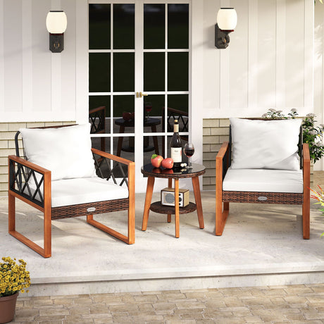 Conjunto de muebles de patio de 3 piezas con mesa de cristal templado y cojines suaves - Blanco roto