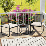 Juego de muebles de patio de 3 piezas, sillas de porche de ratán PE con mesa redonda de vidrio templado, color blanco