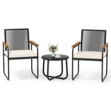 Juego de muebles de patio de 3 piezas, sillas de porche de ratán PE con mesa redonda de vidrio templado, color blanco