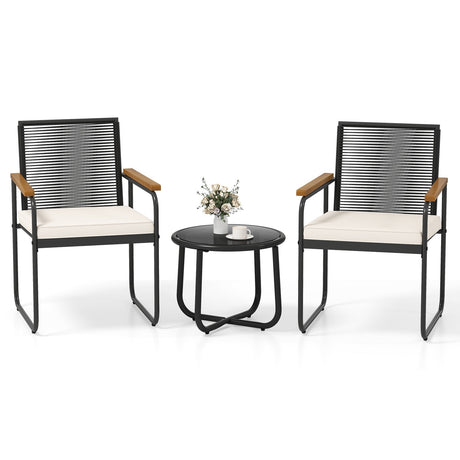 Juego de muebles de patio de 3 piezas, sillas de porche de ratán PE con mesa redonda de vidrio templado, color blanco