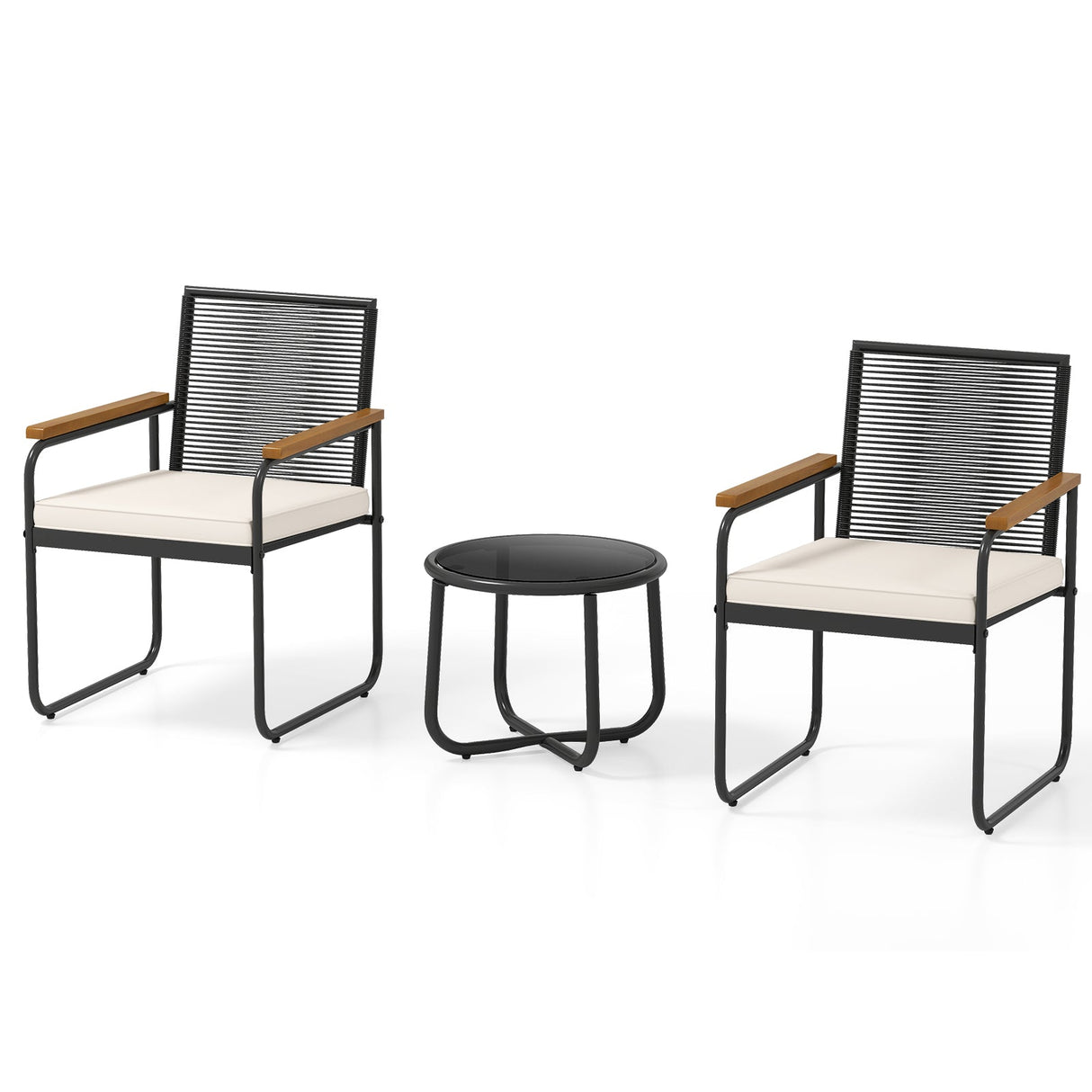 Juego de muebles de patio de 3 piezas, sillas de porche de ratán PE con mesa redonda de vidrio templado, color blanco