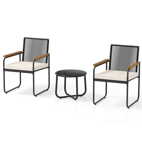 Juego de muebles de patio de 3 piezas, sillas de porche de ratán PE con mesa redonda de vidrio templado, color blanco