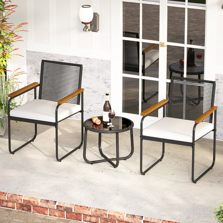 Juego de muebles de patio de 3 piezas, sillas de porche de ratán PE con mesa redonda de vidrio templado, color blanco