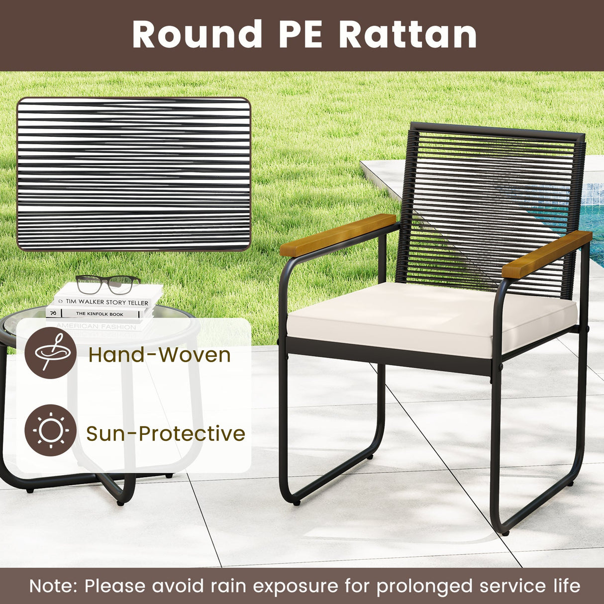 Juego de muebles de patio de 3 piezas, sillas de porche de ratán PE con mesa redonda de vidrio templado, color blanco