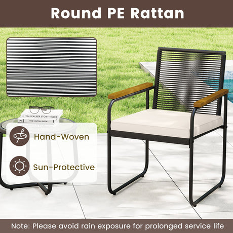 Juego de muebles de patio de 3 piezas, sillas de porche de ratán PE con mesa redonda de vidrio templado, color blanco