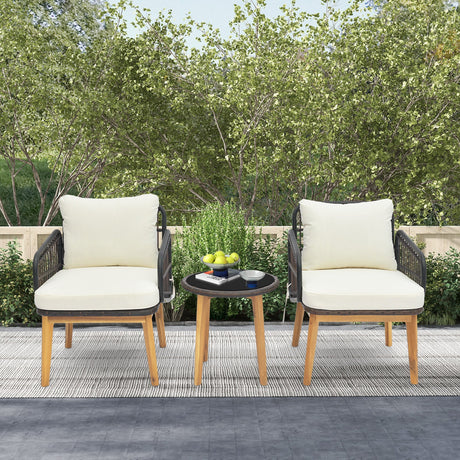 Juego de muebles de patio de 3 piezas con sillas acolchadas y mesa auxiliar de cristal templado