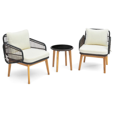Juego de muebles de patio de 3 piezas con sillas acolchadas y mesa auxiliar de cristal templado