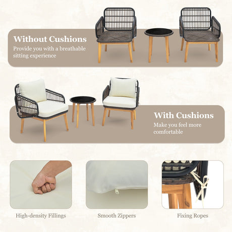 Juego de muebles de patio de 3 piezas con sillas acolchadas y mesa auxiliar de cristal templado