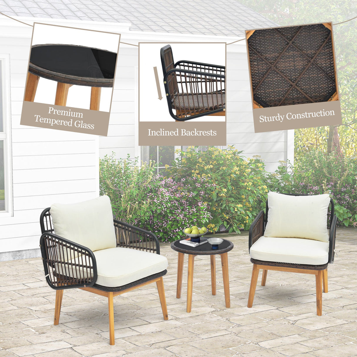 Juego de muebles de patio de 3 piezas con sillas acolchadas y mesa auxiliar de cristal templado