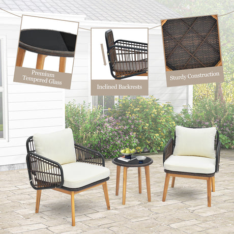 Juego de muebles de patio de 3 piezas con sillas acolchadas y mesa auxiliar de cristal templado
