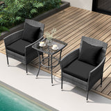 Juego de muebles de patio de 3 piezas con sillas de patio acolchadas y mesa de centro de vidrio templado