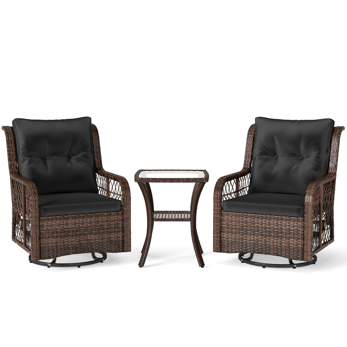 Juego de muebles de patio de 3 piezas con sillas giratorias de mimbre PE, mesa auxiliar de 2 niveles y cojines