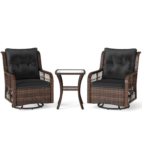 Juego de muebles de patio de 3 piezas con sillas giratorias de mimbre PE, mesa auxiliar de 2 niveles y cojines