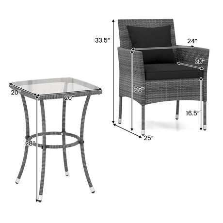 Juego de muebles de patio de 3 piezas con sillas de patio acolchadas y mesa de centro de vidrio templado