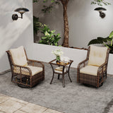 Juego de muebles de patio de 3 piezas con sillas giratorias de mimbre PE, mesa auxiliar de 2 niveles y cojines