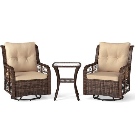 Juego de muebles de patio de 3 piezas con sillas giratorias de mimbre PE, mesa auxiliar de 2 niveles y cojines