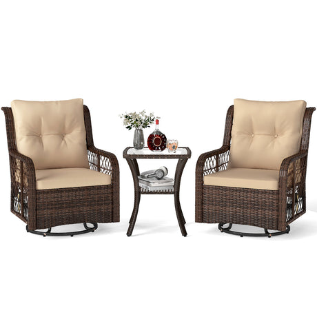 Juego de muebles de patio de 3 piezas con sillas giratorias de mimbre PE, mesa auxiliar de 2 niveles y cojines