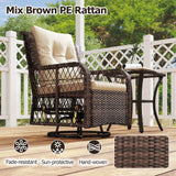 Juego de muebles de patio de 3 piezas con sillas giratorias de mimbre PE, mesa auxiliar de 2 niveles y cojines