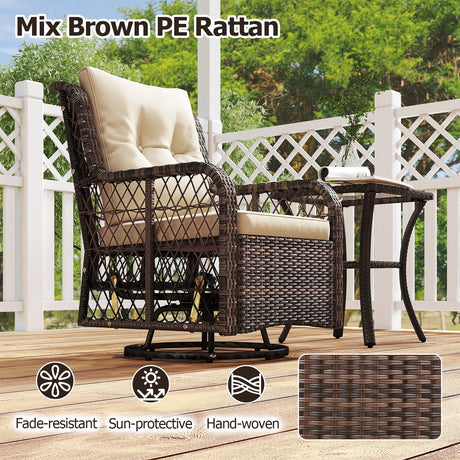 Juego de muebles de patio de 3 piezas con sillas giratorias de mimbre PE, mesa auxiliar de 2 niveles y cojines
