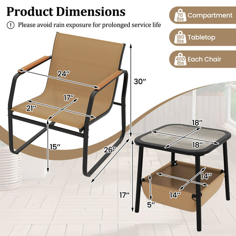 Juego de muebles de patio de 3 piezas, conjunto de conversación para balcón al aire libre - Marrón