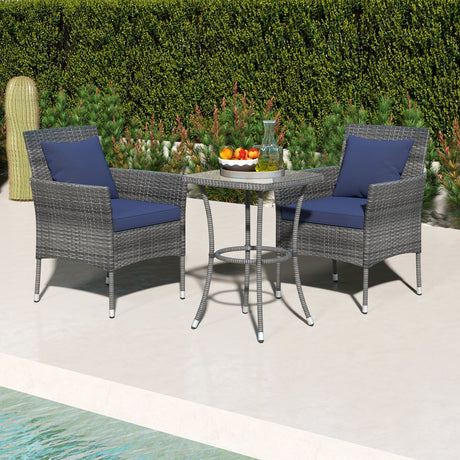 Juego de muebles de patio de 3 piezas con sillas de patio acolchadas y mesa de centro de vidrio templado