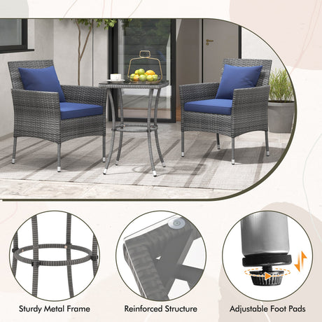 Juego de muebles de patio de 3 piezas con sillas de patio acolchadas y mesa de centro de vidrio templado