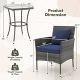 Juego de muebles de patio de 3 piezas con sillas de patio acolchadas y mesa de centro de vidrio templado