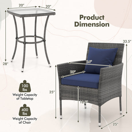 Juego de muebles de patio de 3 piezas con sillas de patio acolchadas y mesa de centro de vidrio templado