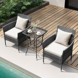 Juego de muebles de patio de 3 piezas con sillas de patio acolchadas y mesa de centro de vidrio templado