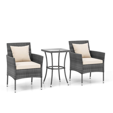 Juego de muebles de patio de 3 piezas con sillas de patio acolchadas y mesa de centro de vidrio templado