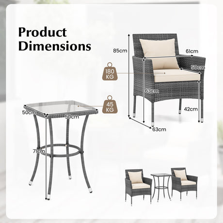 Juego de muebles de patio de 3 piezas con sillas de patio acolchadas y mesa de centro de vidrio templado