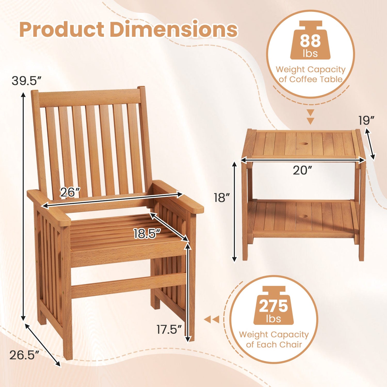 Juego de muebles de patio de 3 piezas con agujero para sombrilla de 3,81 cm