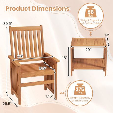 Juego de muebles de patio de 3 piezas con agujero para sombrilla de 3,81 cm