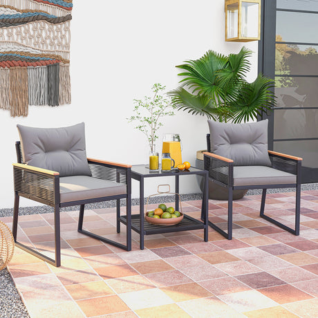 Juego de muebles de patio de 3 piezas con mesa de centro de 2 niveles y cojines de asiento suaves - Gris