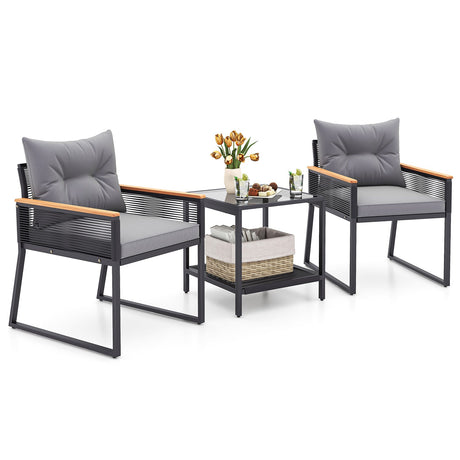 Juego de muebles de patio de 3 piezas con mesa de centro de 2 niveles y cojines de asiento suaves - Gris