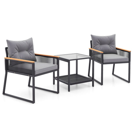 Juego de muebles de patio de 3 piezas con mesa de centro de 2 niveles y cojines de asiento suaves - Gris