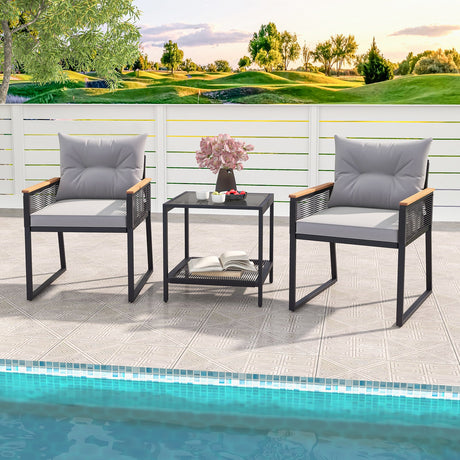 Juego de muebles de patio de 3 piezas con mesa de centro de 2 niveles y cojines de asiento suaves - Gris