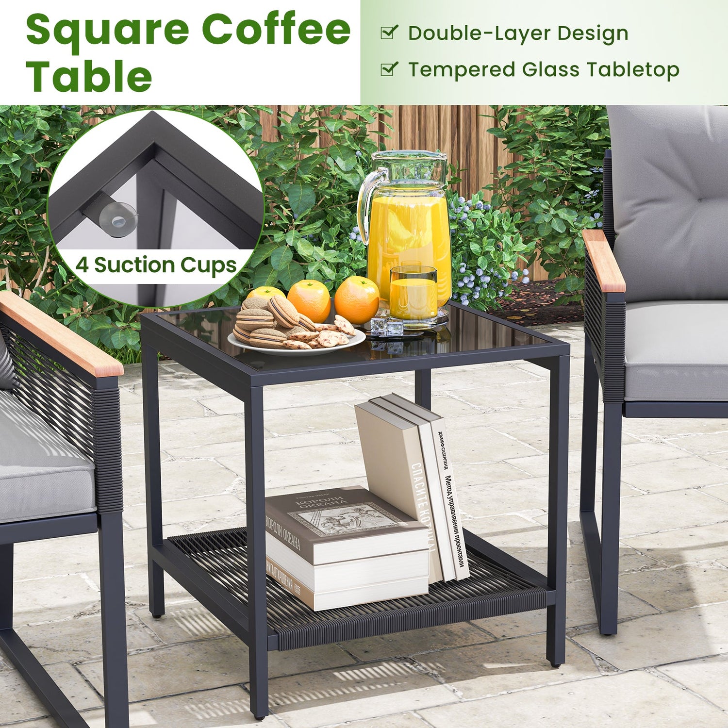 Juego de muebles de patio de 3 piezas con mesa de centro de 2 niveles y cojines de asiento suaves - Gris