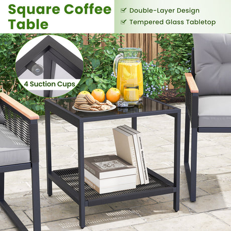 Juego de muebles de patio de 3 piezas con mesa de centro de 2 niveles y cojines de asiento suaves - Gris