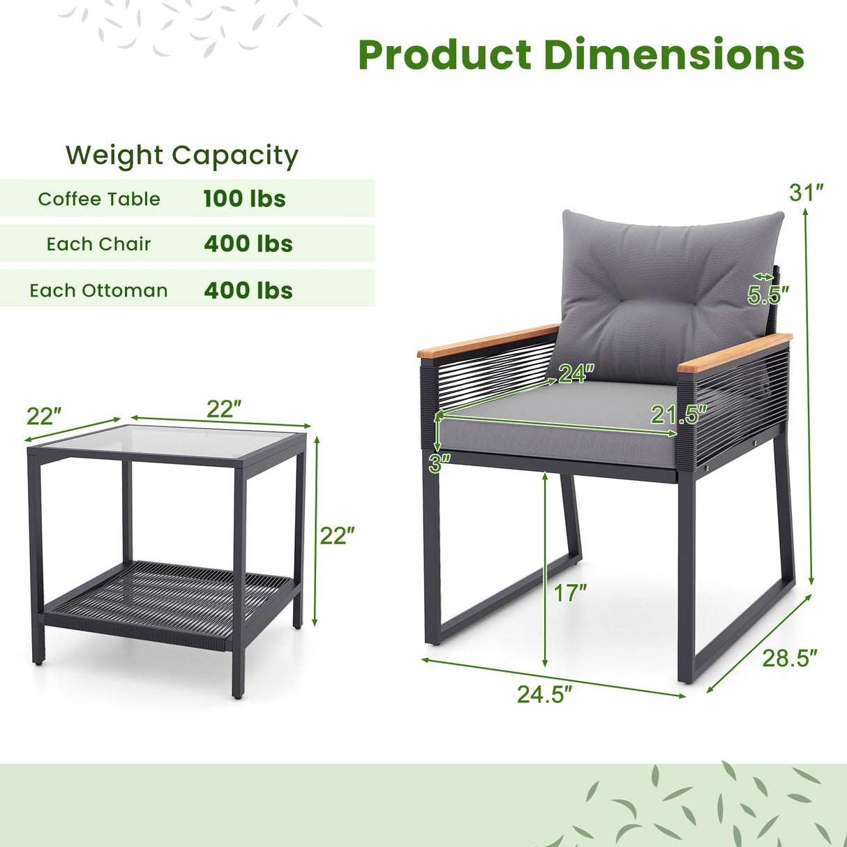 Juego de muebles de patio de 3 piezas con mesa de centro de 2 niveles y cojines de asiento suaves - Gris