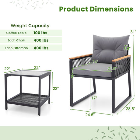 Juego de muebles de patio de 3 piezas con mesa de centro de 2 niveles y cojines de asiento suaves - Gris