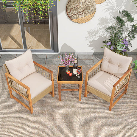 Juego de muebles de patio de 3 piezas con estructura de madera de acacia cojines-marrón